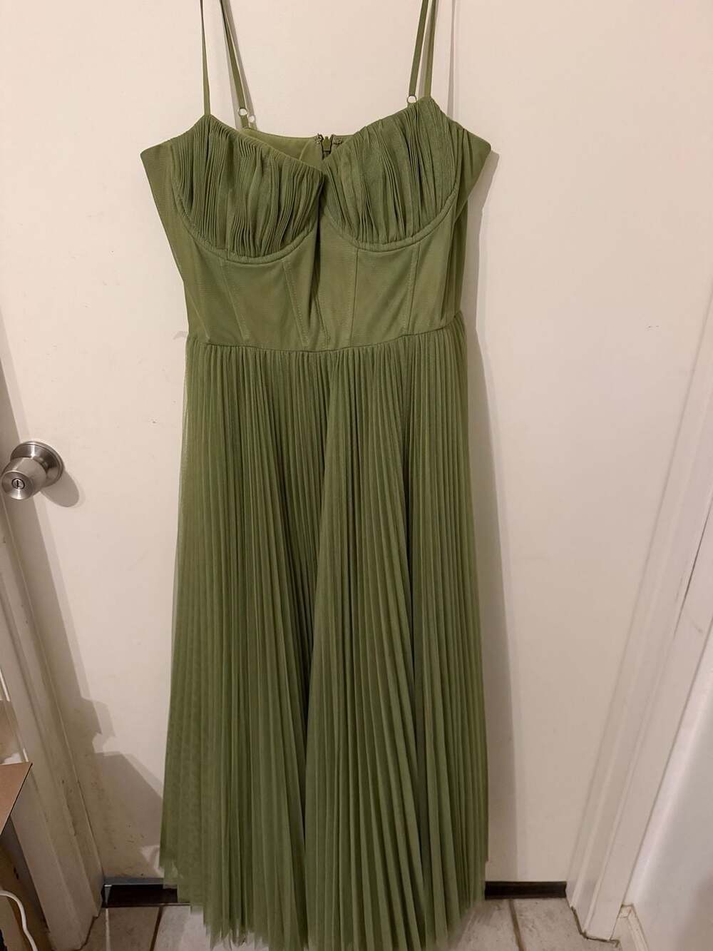 Hutch Amara Corset Pleated Tulle Fit & Flare Midi Dress in Sage Green - Picture 5 of 8